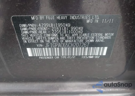 2012 Subaru Impreza 2.0I Premium из США, поврежденный, VIN JF1GPAC65CH207267